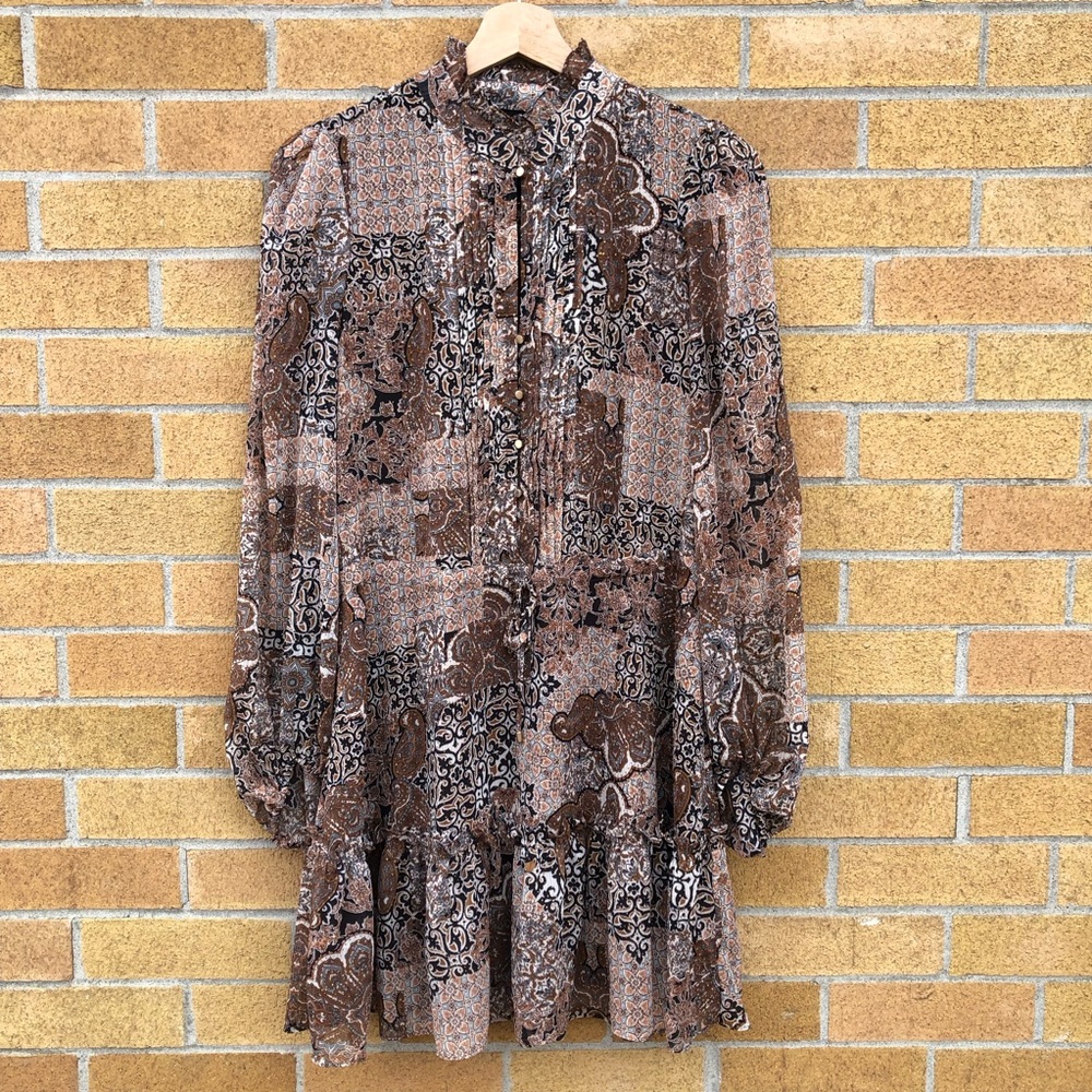 House of Harlow 1960 brown prairie Ruffle mini dress Magical puff sleeves size 2
